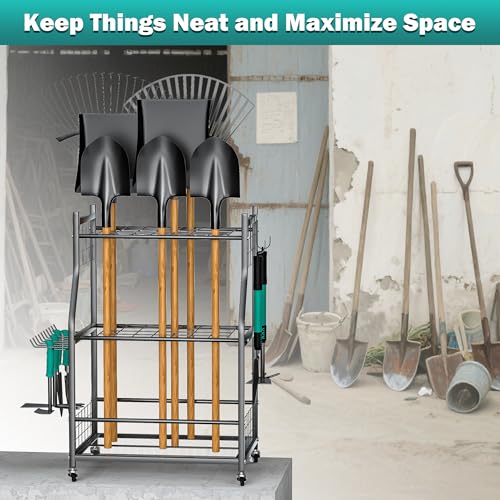 EVERHANGER Garden Tool Organizer Stand, Garage Tool Storage Organization, Yard Tool Racks with lockable wheels, Fit for Long-Handled Tools/Rakes/Brooms, Indoor/Outdoor Use - size: Medium