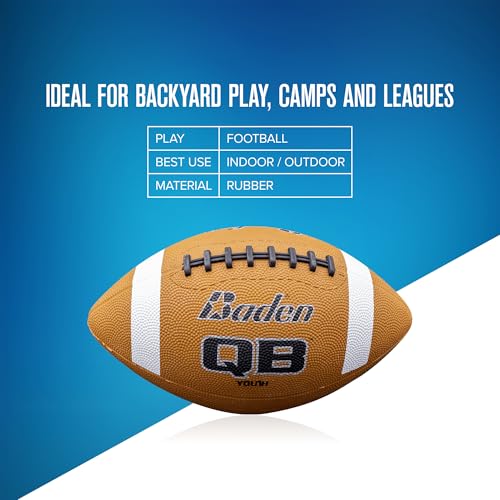 Baden QB Rubber Football | Molded Rubber Cover and Laces Holds up to Tough Conditions | Ideal for Backyard Play, Camps & Leagues | Brown | Pee-Wee, Junior, Youth, Official Sizes - size: Youth Size 7, style: Single Ball