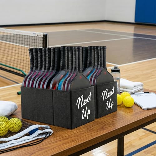 MyGift Portable Foldable Pickleball Paddle Queue Baskets – Holds Up to 24 Paddles, Black Fabric Organizer with Ball Compartment & Next Up Marker for Indoor and Outdoor Courts, Set of 2