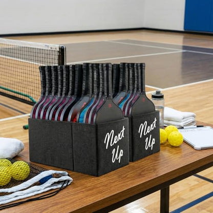 MyGift Portable Foldable Pickleball Paddle Queue Baskets – Holds Up to 24 Paddles, Black Fabric Organizer with Ball Compartment & Next Up Marker for Indoor and Outdoor Courts, Set of 2