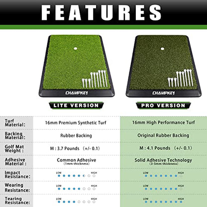 CHAMPKEY Premium Synthetic Turf Golf Hitting Mat | Heavy Duty Rubber Base Golf Practice Mat | Come with 1 Rubber Tee and 9 Plastic Tees - size: M(13" x 17"), style: LITE Version
