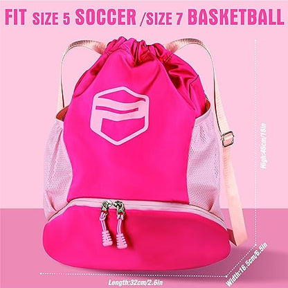 Soccer Ball Bags, Drawstring Basketball Backpack for Sport Training with Ball Shoe Dry and Wet Compartments(Pink)
