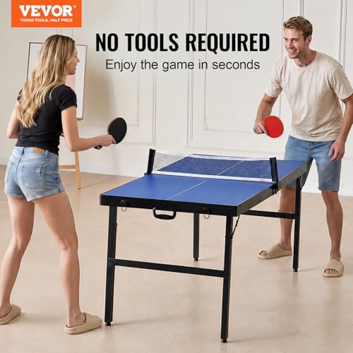 VEVOR Ping Pong Table, Mid-Size Table Tennis Game, Indoor MDF Table Tennis Table, Foldable Portable Complete Ping Pong Table Set with Net, 2 Paddles, 3 Balls, Carry Bag, Handle (No Assembly Required)