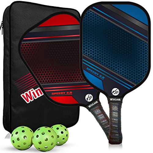 JP WinLook Premium Pickleball Paddles Set – USAPA Pickleball Set - Graphite Carbon Fiber Rackets for Women & Men and Balls for Indoor or Outdoor Play - Racquets, Pickleballs & Carry Bag - color: USAPA Graphite Red / Blue-2 Player Set