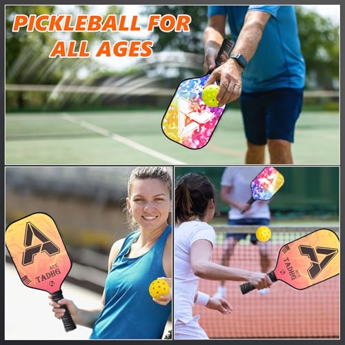 TADHG Pickleball Paddle Set 2 Lightweight 8.4oz Paddles with Honeycomb Core Spin-Friendly Surface 4 Balls - color: 04.Rainbow
