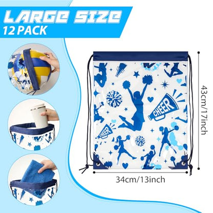 Cholemy 12 Pcs Clear Cheer Drawstring Bags for Cheerleaders 17 x 13 Inch, Transparent Sports Cheerleading Gift Goodie Treat Bags for Team, Waterproof String Backpacks for Girls Cheer Camp - style: Cheer Style
