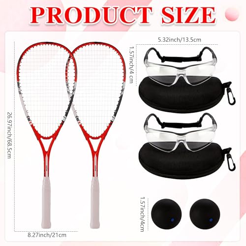 2 Pack Beginner Squash Racquet Set Includes Racquets with Racket Bags Anti Fog Goggles Cases Blue Dot Ball Indoor Gym Sports for Beginners Novice Training Recreational Play - color: Red