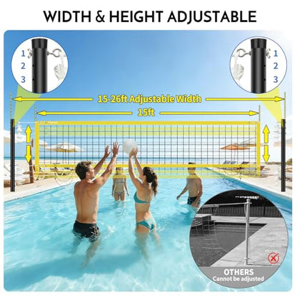 Inground Pool Volleyball Net Set with Max 26 FT Adjustable Length, 3 Heights Adjustable Outdoor Volleyball Set for Pool with 2 Volleyballs and Carry Bag - color: Yellow