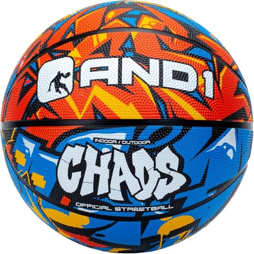 AND1 Chaos Rubber Basketball: Official Regulation Size 7 (29.5 inches) Rubber Basketball - Deep Channel Construction Streetball, Made for Indoor Outdoor - color: Orange/Blue
