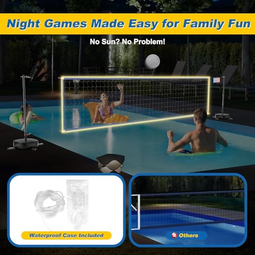 Pool Volleyball Net with 24/7 LED Lights – Adjustable Max Width 32FT Height 7.5FT, Ideal for Inground Pools, Backyard Party, Adults & Kids, Scoreboard Included