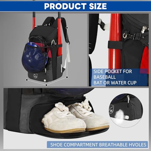TPAID Baseball Backpack Large Capacity Softball Bag with Shoes Compartment and Fence Hook, Lightweight Baseball Equipment Bag Holds Bats, Helmets, Gloves, Hats, Clothes, Shoes - color: Black-B, size: 2 Bat Baseball