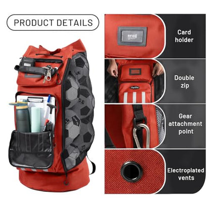 OrgaWise XXL Soccer Ball Bags for Coaches | 600D Oxford Cloth | SBS Zippers | Card Holder | Night Reflective Strips | Plated Holes | Chest Strap | Carry Handle - color: Red
