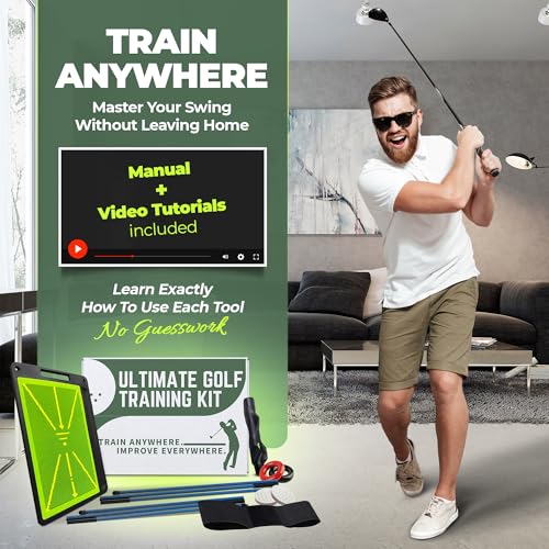 6-in-1 Golf Swing Trainer with Divot Board, Golf Grip Trainer, Alignment Sticks and Training Aid | Golf Accessories for Men & Women | Hitting Mat Practice Indoor & Outdoor