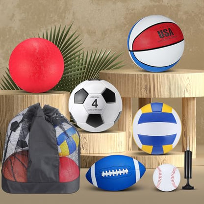 Realspring 6 Pcs Kids Sport Ball Set Includes Official Size Soccer, Basketball, Football, Volleyball, Playground Ball, Baseball with Bag & Pump Back to School Gift for Teens Outdoor Sport Play
