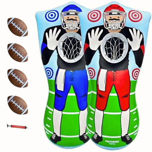 Preferred Toys 65” Inflatable Football Target Net Toss Game - Double-Sided Throwing Practice Football Stuff with Mini Balls - Backyard Tailgate Party Sports Toy for Kids & Adults - color: Red/Blue (2-Pack)