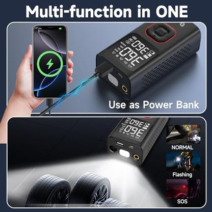 Tire Inflator Portable Air Compressor,Cordless Mini Bike Pump/Air Pump for Auto, Motorcycle, Bicycle, Balls,with LED Lights&Pressure Gauge Black