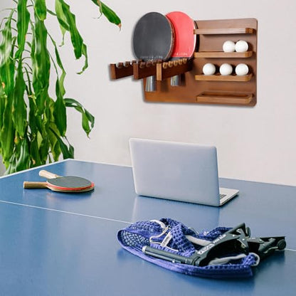 Premium Bamboo Ping Pong Paddle Holder (Rack Only) - Wall Mounted 6-Paddle & 16-Ball Display Stand - Table Tennis Organizer for Home & Office - Paddles and Balls NOT Included