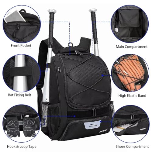 DAFISKY Baseball Bag Softball Backpack - Youth Adult T Ball Bat Equipment Bag with Bat Helmet Holders, Shoe Compartment - color: Black