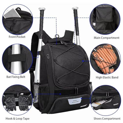DAFISKY Baseball Bag Softball Backpack - Youth Adult T Ball Bat Equipment Bag with Bat Helmet Holders, Shoe Compartment - color: Black