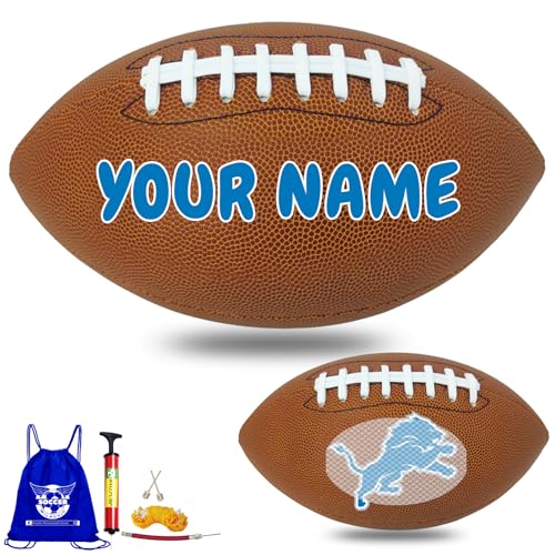 Personalized Customized Football - Official Size 9 Leather Footballs with Team Logo + Your Name - Football Fans Gift - color: Detroit Lions