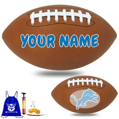 Personalized Customized Football - Official Size 9 Leather Footballs with Team Logo + Your Name - Football Fans Gift - color: Detroit Lions