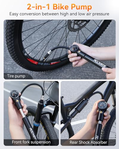 Onvian Portable Bike Pump with Gauge, 300 PSI High Pressure Bicycle Tire Pump & Shock Pump, Mini Hand Pump for Presta and Schrader Valve, Front Fork Rear Suspension, Air Bleed Button