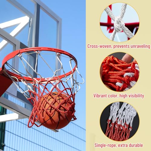 Basketball Net 1 Pack, Heavy Duty Basketball Net Replacement Weather Anti Whip Polyester Basketball Hoop Net Fits Standard Indoor Or Outdoor Court Use - Easy Install (Red White)