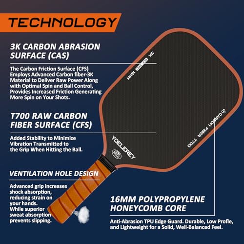 Carbon Fiber Pickleball Paddle, 3K Carbon Abrasion Surface (CAS) for Spin Friction with 16MM Honeycomb Core Pickleball Paddle, T700 Raw Carbon Fiber for Power & Consistency, USAPA Approved
