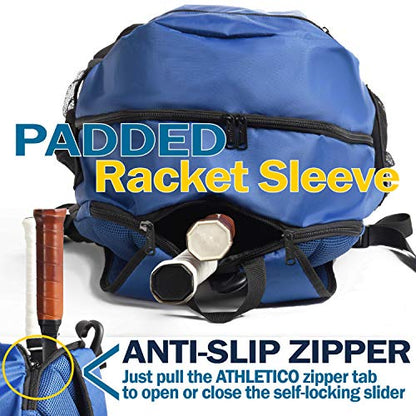 Athletico Premier Tennis Backpack - Tennis Bag Holds 2 Rackets in Padded Compartment | Separate Ventilated Shoe Compartment | Tennis Bags for Men or Women - color: Blue