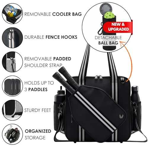 Pickleball Tote Bag - Detachable Cooler & Fence Hooks – Large Sports Bag for Women & Men, Holds Paddles & Balls - color: Black