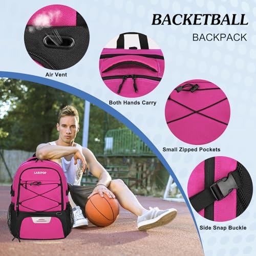 LARIPOP Basketball Backpack Large Basketball Bag with Ball Holder & Shoe Compartment for Youth Adults Men Women - color: Pink