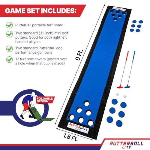 PutterBall Original Golf Putting Game Set – Backyard Putting Green Pong Style Golf Mat with 2 Putters, 2 Balls & Hole Covers - 9 ft - color: Blue