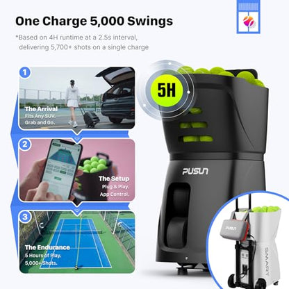 PUSUN｜PT-Smart Tennis Ball Machine: App Control with 12 Built-in Training Modes,6-Level Spin,28-Pt,75 MPH,32.6 lbs,100+ Ball,5H Battery, Portable, for Tennis/Padel,Training, Practice,Beginners to Pros - color: Black