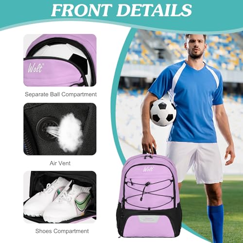 WOLT Soccer Backpack Soccer Bag with Ball Holder & Shoes Compartment, Sport Equipment Bags For Football, Basketball, Volleyball, Gym - color: Purple