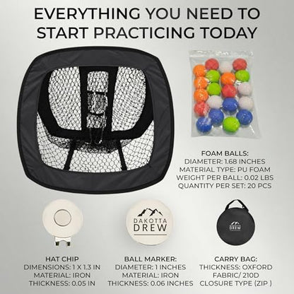Golf Chipping Net with 20 Foam Balls, Hat Clip, Ball Marker & Carrying Bag for Indoor & Outdoor Practice, Portable Golf Practice Net for Backyard Golf Training