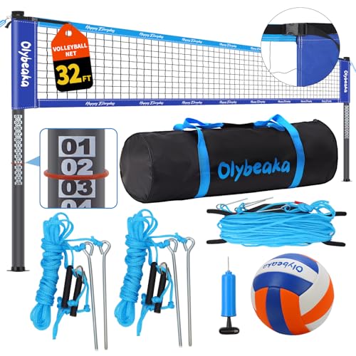 20ft / 32ft Portable Outdoor Volleyball Net Set for Backyard Beach Grass with Heavy Duty 1.25" Adjustable Poles, 28-Ply PE Net, PU Volleyball & Pump, Large Storage Bag - color: Blue, size: 32ft