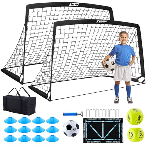 2 Set Kids Soccer Goals for Backyard with Training Equipment, Portable Foldable Practice Nets with Ball, Dice & Mat, Cones, Air Pump and Carry Bag for Toddler Youth Outdoor Sports Game - color: Black