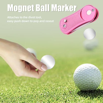 Mile High Life Golf Divot Repair Tool, All Metal Foldable Divot Tool with Pop-up Button & Magnetic Ball Marker - color: Pink Undulate