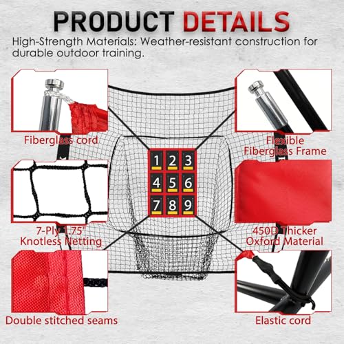 7x7 ft Baseball & Softball Practice Net with 9 Numbered Strike Zone | PRO Training Net for Hitting, Pitching & Batting | with Carry Bag, Bow Frame for All Ages & Skills - color: black