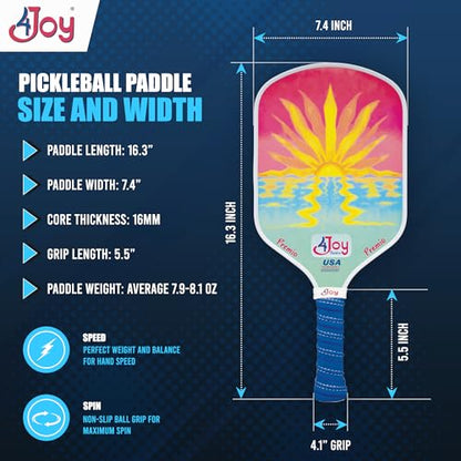 4Joy Pickleball Paddle Premio Series - Thermoformed Premium T700 Carbon Fiber Pickleball Paddless - Professional Pickleball Rackets for Women & Men - 16mm Honeycomb Core - USAP Approved - style: Union Pack: Sunset & Fitz