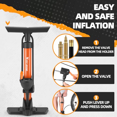 Bike Floor Pump, Bikes Pump with Gauge,Bicycle Air Pump with High Pressure 160 Psi, BikeTire Pump with Presta Schrader Valves，Portable Hand Pump Bike, Fits Road Bikes MTB E-Bike, Ball - color: Orange