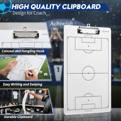 Soccer Coaching Board, Premium Soccer Clipboards for Coaches, Waterproof Soccers Whiteboard for Coaches, Double-Sided Soccers Tactics Board with Tactics Field & Lineup Planner, Achiwish
