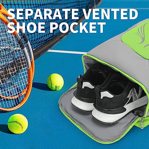 INOXTO 40L Tennis Backpack for Men & Women, Large Pickleball Bag With Independent Shoe Storage, Waterproof & Breathable, Holds 2 Tennis Rackets for Badminton, Travel & Camping - color: Light green