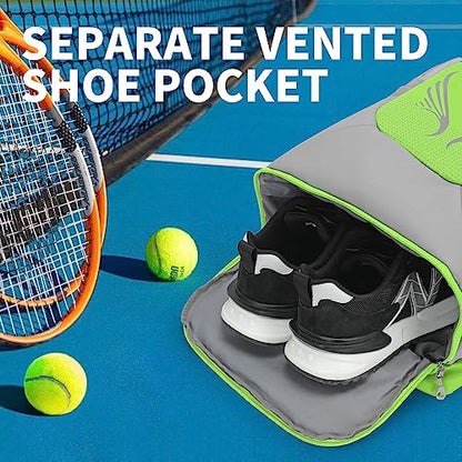 INOXTO 40L Tennis Backpack for Men & Women, Large Pickleball Bag With Independent Shoe Storage, Waterproof & Breathable, Holds 2 Tennis Rackets for Badminton, Travel & Camping - color: Light green