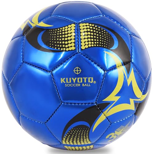 KUYOTQ Soccer Ball, Machine Stitched PU/TPU Leather Soccer Ball Match & Training for Kids Youth Adult, Professional Construction for Durable in and Outdoor Use with Superior Touch - color: Glossy blue-gold - TPU, size: 3