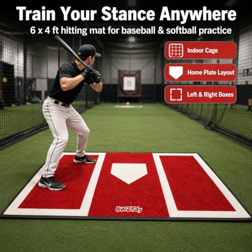 Baseball & Softball Hitting Mat - 6x4ft Anti-Slip Rubber Base, Home Plate with Batters Box, Foldable 12LB Design - Indoor/Outdoor Training for Left/Right Hitters, with Carry Bag