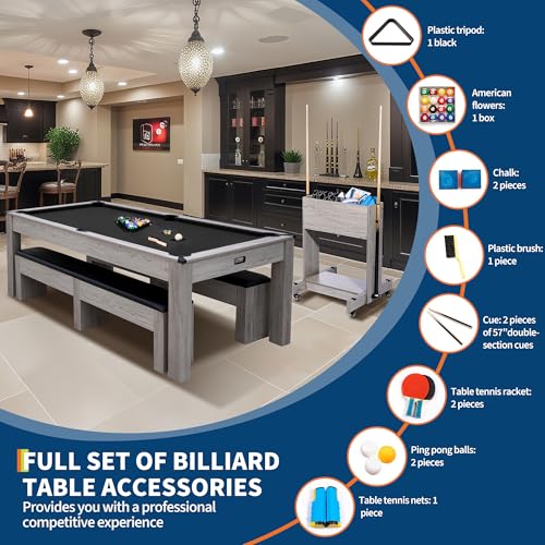 Garvee 7FT 3-in-1 Pool Table with Dining Top & Table Tennis, Multi Game Billiard Table Set with HDF Wood Grain Finish, Includes Cues, Balls, Ping Pong Paddles and Rolling Storage Caddy - color: Black