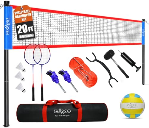 Zdgao Volleyball and Badminton Combo Set for Backyard - 20FT/32FT Volleyball/Badminton Net with Adjustable Height Pole,Anti-Sag System,Volley Ball, Badminton Racquets,Boundary Line and Carry Bag
