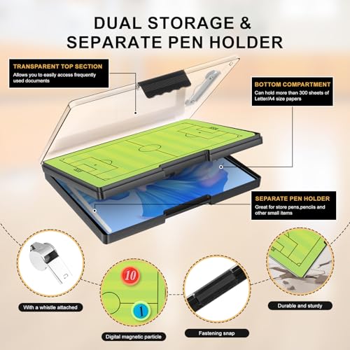 All-Weather Tactical Coaching Clipboard for Soccer & Basketball - Double-Sided Dry Erase Board with Magnetic Pieces, Markers, Eraser, Whistle & Storage Case | Perfect Coach Gift (Soccer) - style: Soccer