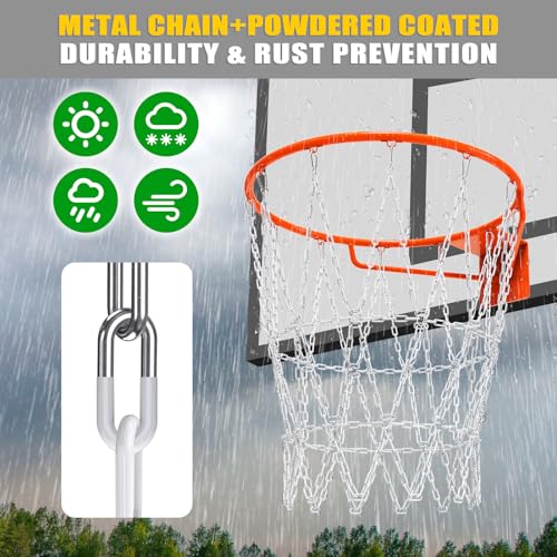Insaga Chain Basketball Net Heavy Duty Metal - 19'' Basketball Chain Net for Hoop Outdoor Indoor Replacement, Rustproof Steel Chain Net for Standard 12-Loop Rim, Easy to Install